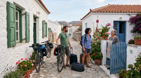 A couple with bicycles arrives at a whitewashed holiday rental house on an island lane.