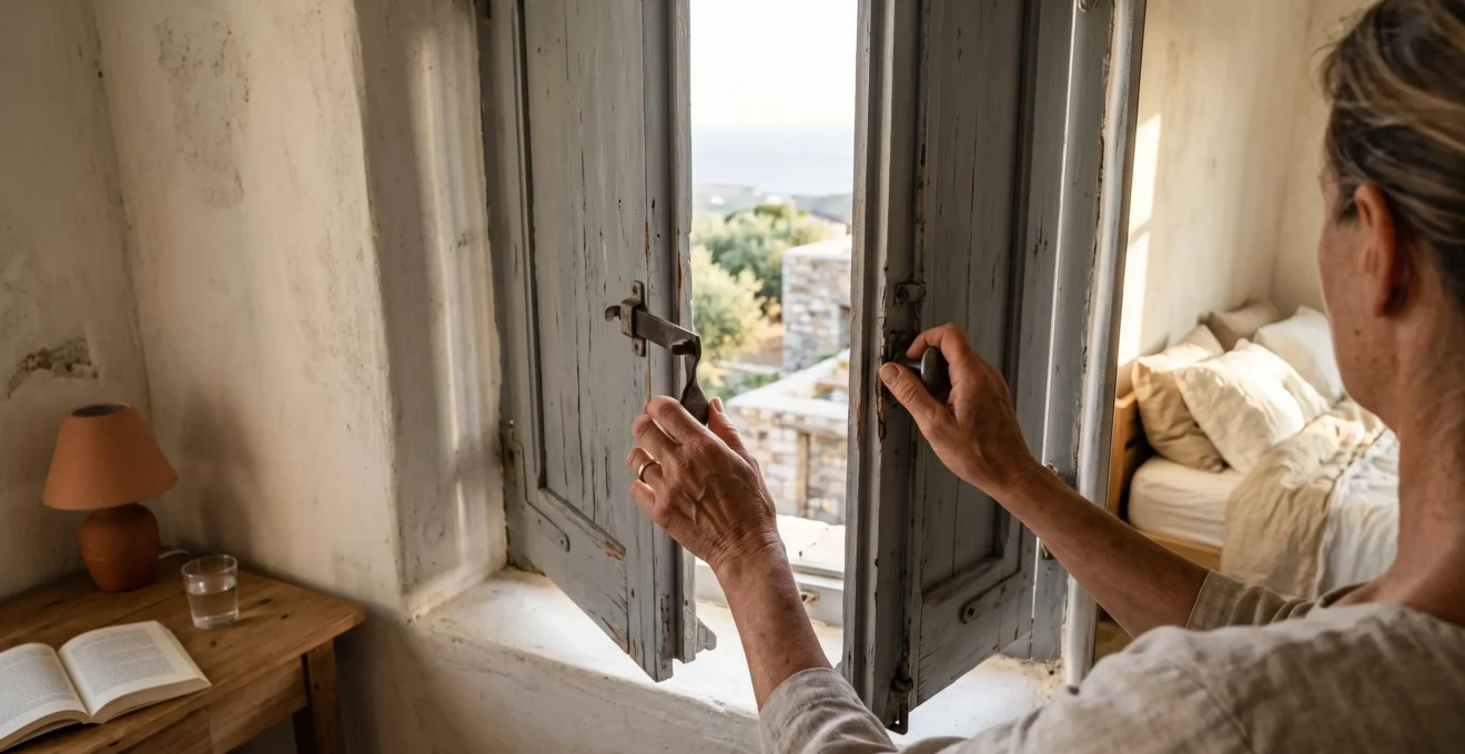 Hands open old wooden shutters in a simply furnished guest room.