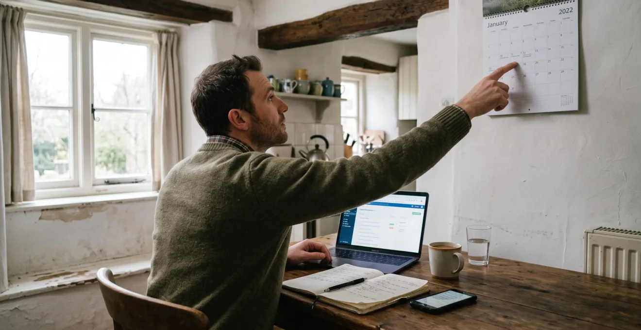 A man checks his laptop and a wall calendar in a rental cottage kitchen.