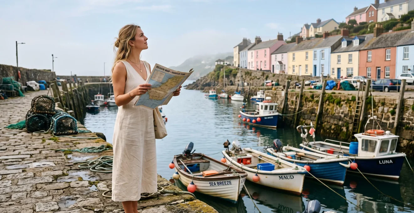 A woman compares a map with the houses lining a small harbour.